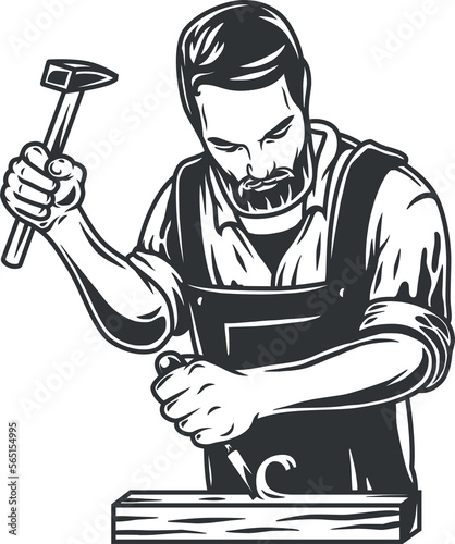 Silhouette of carpenter. Carpentry tools. Woodworker with hammer and jack plane in his hands. Monochrome vector illustration.