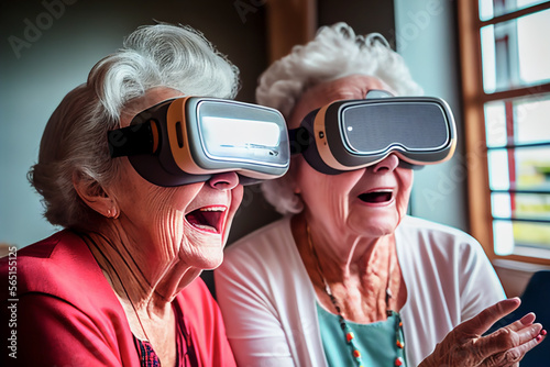 Elderly couple of women portrait having fun with virtual reality headset. Generative AI