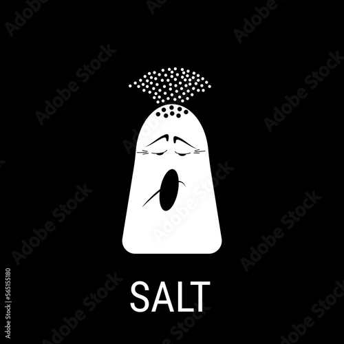 Salt.  Salt shaker with facial features.  Black and white vector illustration in flat style.  Spices for stickers
