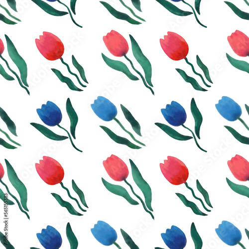 Floral pattern with spring flowers tulips. Hand drawn illustration