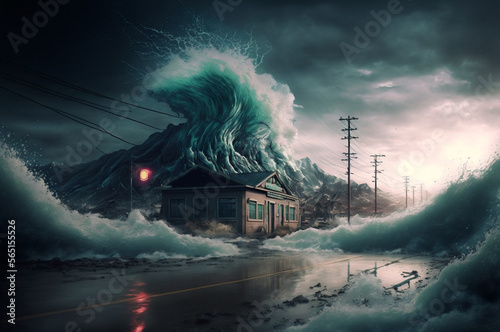 Tsunami process, big waves cover the city and houses. Storm with thunderstorm paralyzed infrastructure. Generation AI