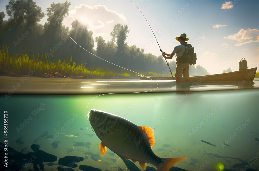 Fishing sport. Fisherman and fish trout action, underwater view. Generation  AI Stock Illustration