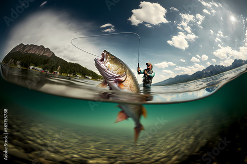 Fisherman and fish trout, underwater view. Fishing sport. Generation AI