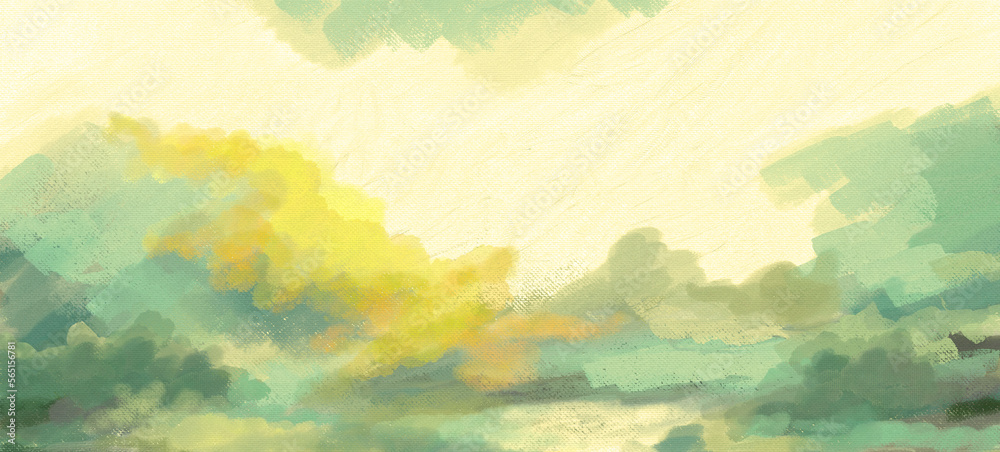 Fototapeta premium Impressionistic & Whimsical Sunset Yellow, Aqua Cloudscape/Landscape - Digital Painting/Illustration/Art/Artwork Background or Backdrop, or Wallpaper