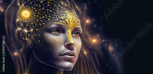 Starseed so beautiful with her activated pineal gland. Copy space. Concept. Cosmic woman, esoteric, spirituality. Generative AI..