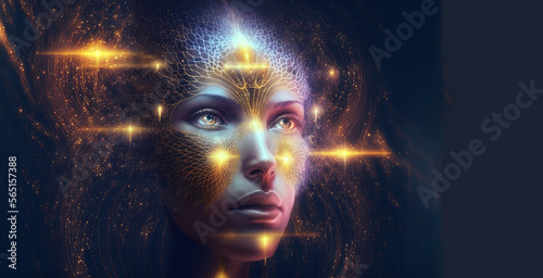 Starseed so beautiful with her activated pineal gland. Copy space. Concept. Cosmic woman, esoteric, spirituality. Generative AI..