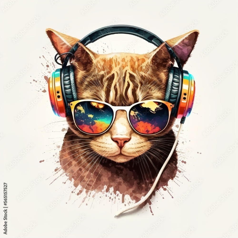 dj in cat with headphones color illustration
