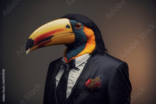  a bird wearing a suit and tie with a colorful beak on it's head and a black suit jacket with a white shirt and red tie.  generative ai © Anna