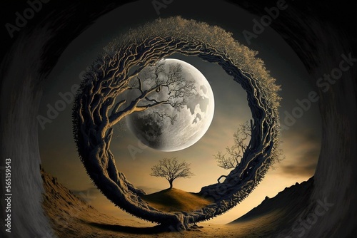Mystical night view. Fantasy magical enchanted fairy tale landscape with