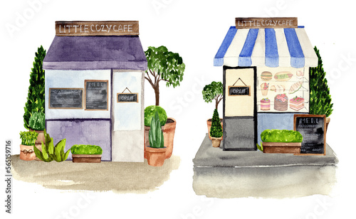Watercolor street cafe with flowers