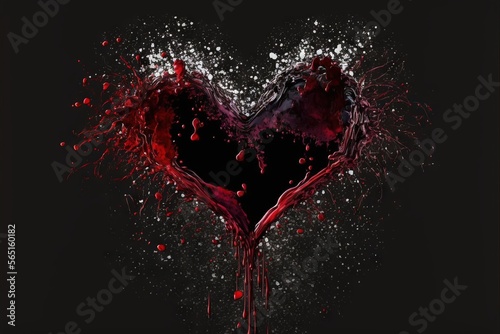  a heart shaped object with blood flowing out of it's sides and blood splatters on the side of it, on a black background. generative ai