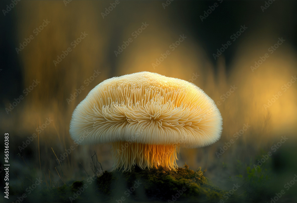The rare Edible Lion's Mane Mushroom / Hericium Erinaceus / pruikzwam in the Forest. Beautifully radiant big giant mushroom. Generative ai - obrazy, fototapety, plakaty 