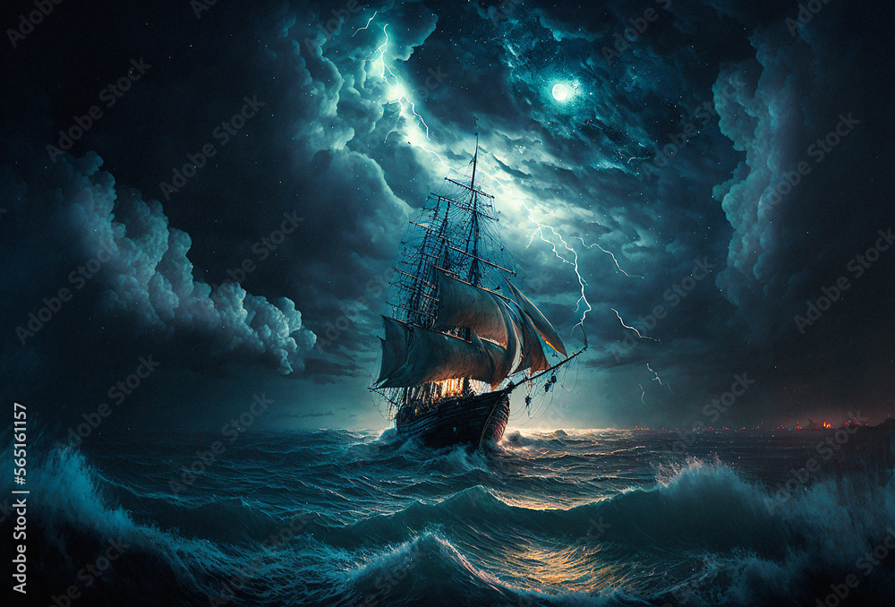 pirate ship in the dark  sea  - obrazy, fototapety, plakaty 