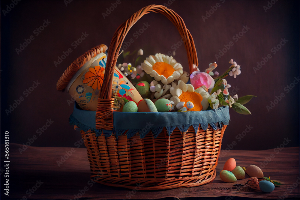 Beautiful easter basket with egg and flowerss on the dark studio background, AI Beautiful easter basket with egg and flowerss on the dark studio background, AI
