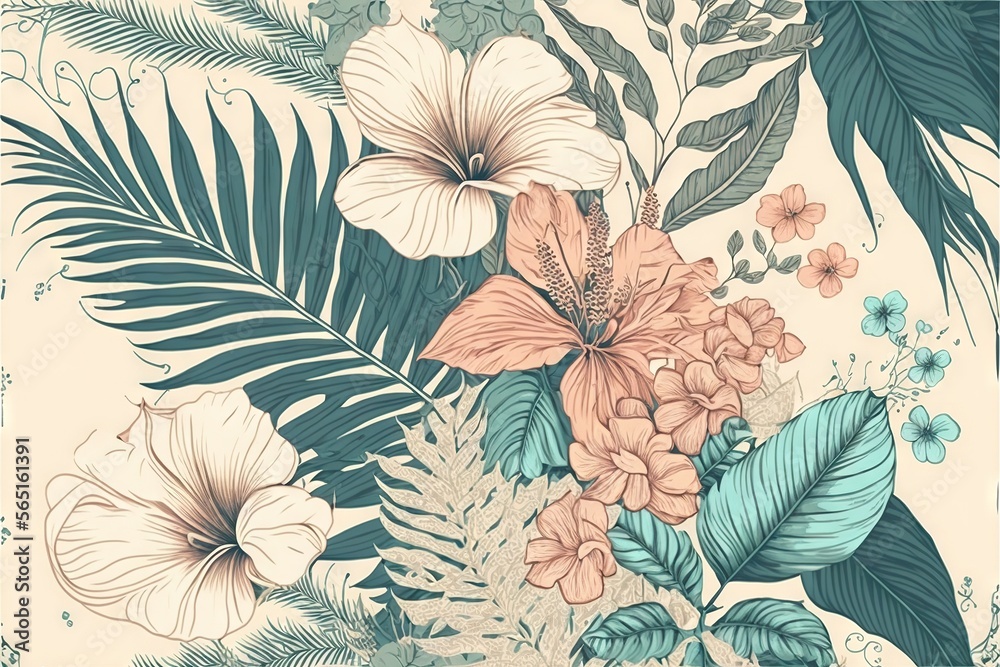 a floral wallpaper with tropical flowers and leaves on a beige