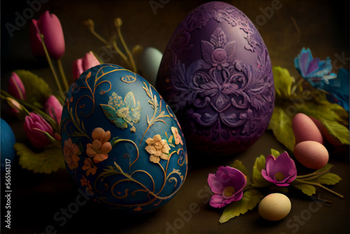 Close-up easter eggs and flowers, AI