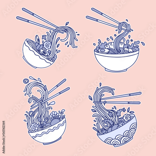 Soup with ramen noodles. Noodles. Vector illustration. Traditional Asian Japanese food in sun red circle with texture Vector illustration