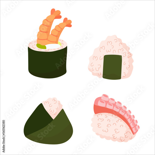 Set for sushi. Different types of sushi and rolls. Traditional Japanese roll, with tobiko caviar, original with Philadelphia cheese and soy sauce, salmon and king prawns. Vector illustration