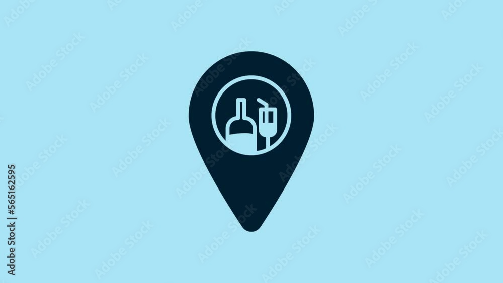 Blue Alcohol or beer bar location icon isolated on blue background. Symbol of drinking, pub, club, bar. 4K Video motion graphic animation Blue Alcohol or beer bar location icon isolated on blue background. Symbol of drinking, pub, club, bar. 4K Video motion graphic animation