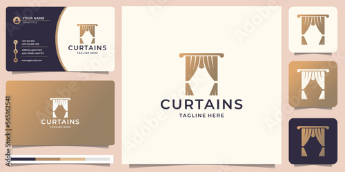 curtains logo with modern golden style color and business card template design.