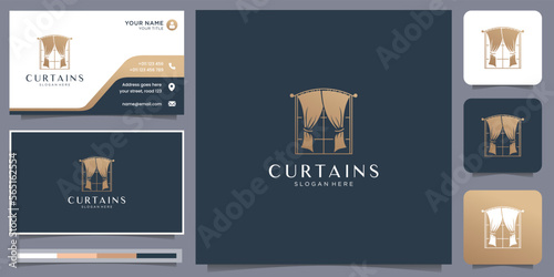 symbol of curtains logo inspiration with line art window style and business card template design.