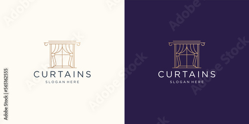 minimalism curtains vector logo with line art window style template design.