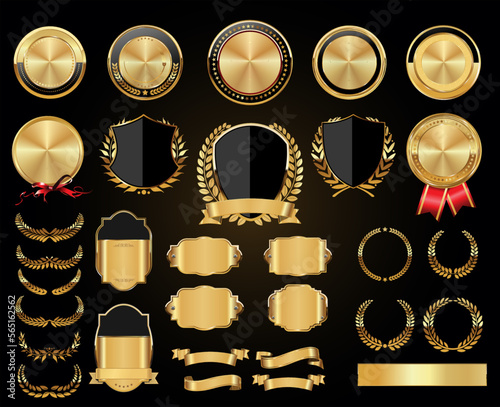 Retro vintage golden badges labels ribbons and shields 