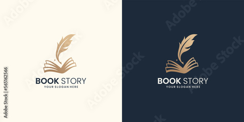 book story feather logo design inspiration.note and quill logo design collection with gradient color