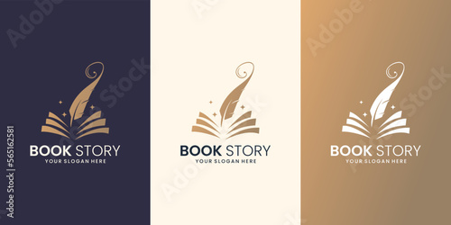 luxury note and quill logo design. book of story feather ink logo with business card template.