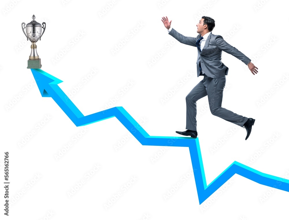 Businessman running towards prize cup trophy Businessman running towards prize cup trophy