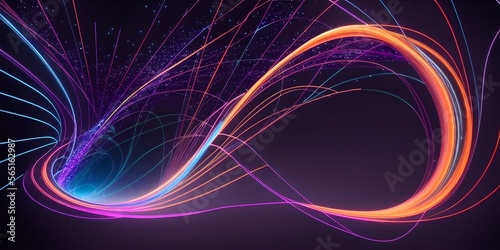 Abstract fiber optic lines with particles colliding, blue pink and orange CGI concept render, AI generated. 