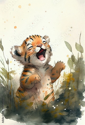 Watercolor illustration of a playful happy baby tiger Generative AI art