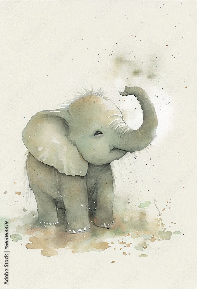 Watercolor illustration of a playful happy baby elephant Generative AI art