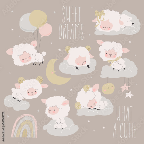 Cartoon Set with Cute Lambs sleeping on Clouds