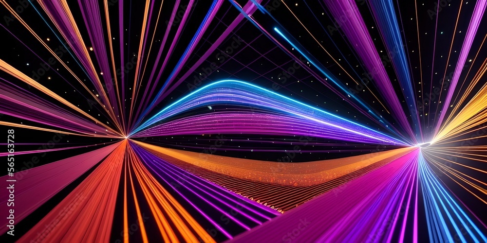 Abstract fiber optic lines with particles colliding, blue pink and orange CGI concept render, AI generated.