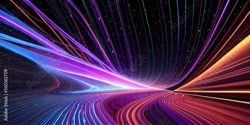 Abstract fiber optic lines with particles colliding, blue pink and orange CGI concept render, AI generated.