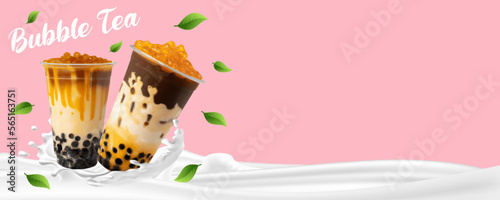 Bubble milk tea, Pearl milk tea , Different sorts of Boba. Yummy drinks. Ads with delicious tapioca. Restaurant cafe menu, template design.