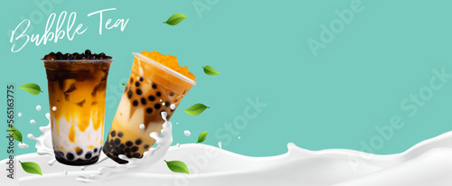 Bubble milk tea, Pearl milk tea , Different sorts of Boba. Yummy drinks. Ads with delicious tapioca. Restaurant cafe menu, template design.