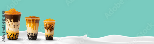Bubble milk tea, Pearl milk tea , Different sorts of Boba. Yummy drinks. Ads with delicious tapioca. Restaurant cafe menu, template design.