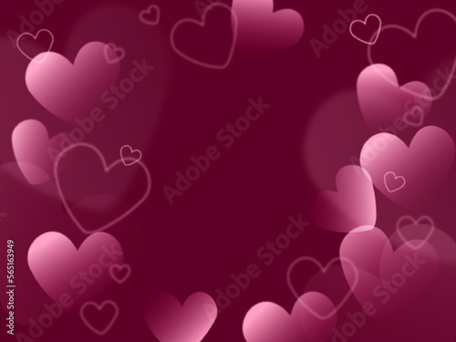 Pink heart frame. Viva magenta. Bokeh hearts border. Place for an inscription.