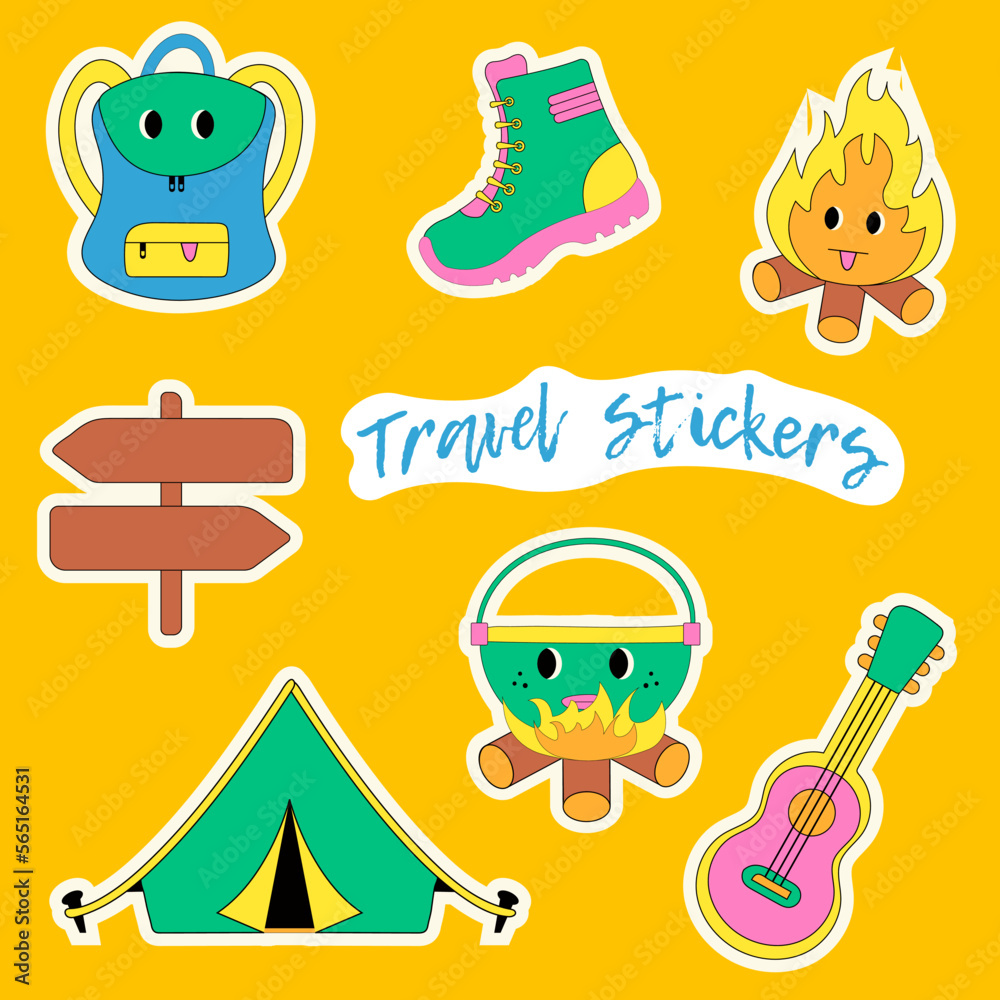 Camping stickers.Set of camping items,tent,backpack,guitar,campfire