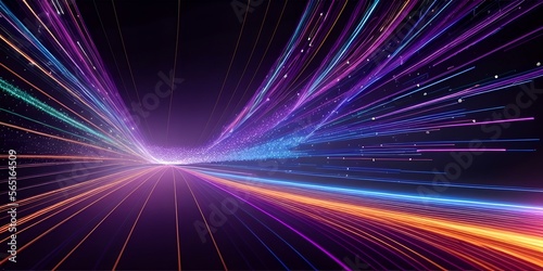 Abstract fiber optic lines with particles colliding, blue pink and orange CGI concept render, AI generated photo
