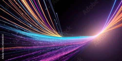 Abstract fiber optic lines with particles colliding, blue pink and orange CGI concept render, AI generated