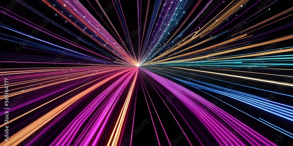 Abstract fiber optic lines with particles colliding, blue pink and orange CGI concept render, AI generated Abstract fiber optic lines with particles colliding, blue pink and orange CGI concept render, AI generated
