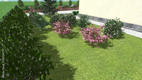Fototapeta Naklejka Na Ścianę i Meble -  3D illustration of modern landscape design of the administrative territory. Computer visualization of landscaping. Contrasting composition from a group of plants.