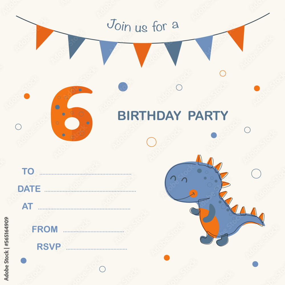 Cute birthday  party invitation with dinosaur. 6 years.