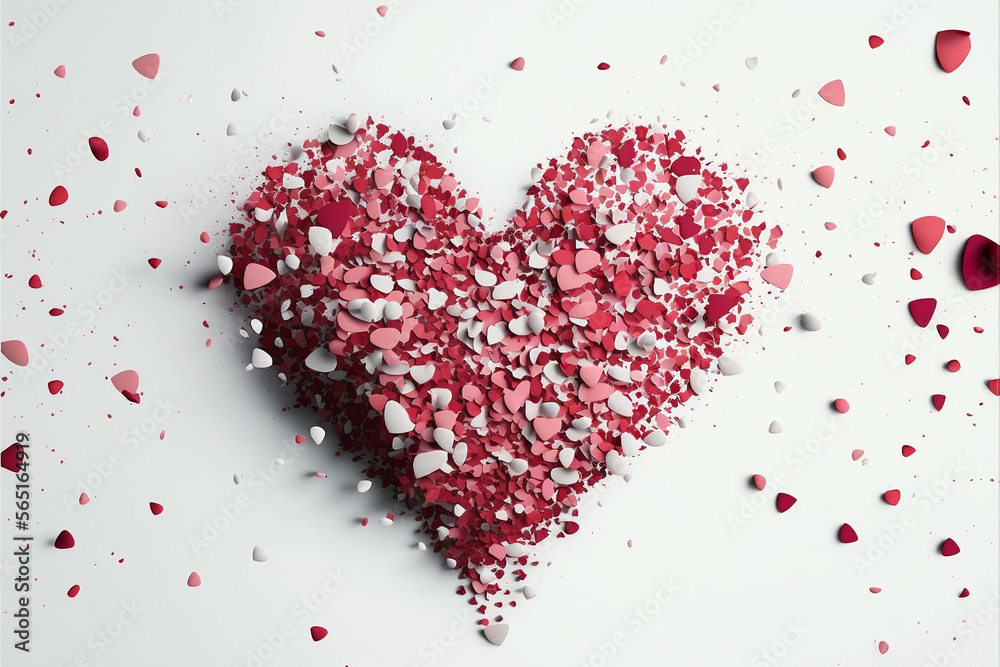 Forma di cuore astratta su sfondo bianco composta da petali rossi, bianchi e rosa generata dall'AI