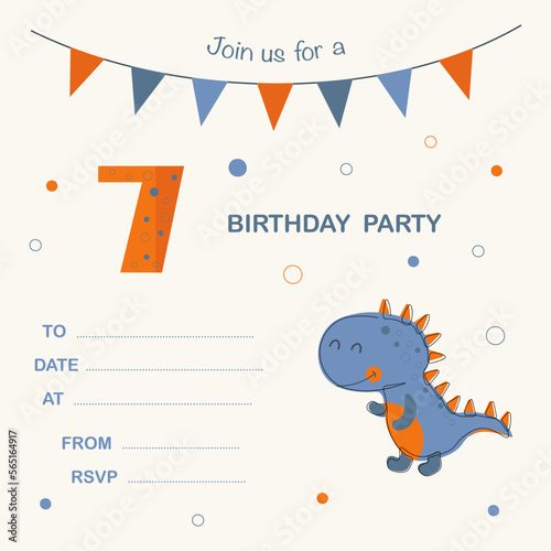 Birthday  party invitation with dinosaur. 7 years.
