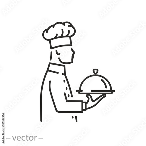 dish from the chef icon, cooking in the restaurant kitchen, chef with tray in hand, food serving, thin line symbol - editable stroke vector illustration