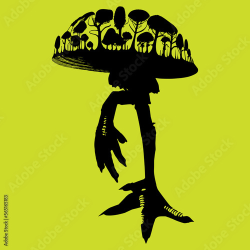 Vector art, nature silhouette. Forest - mushroom - chicken. Ecology